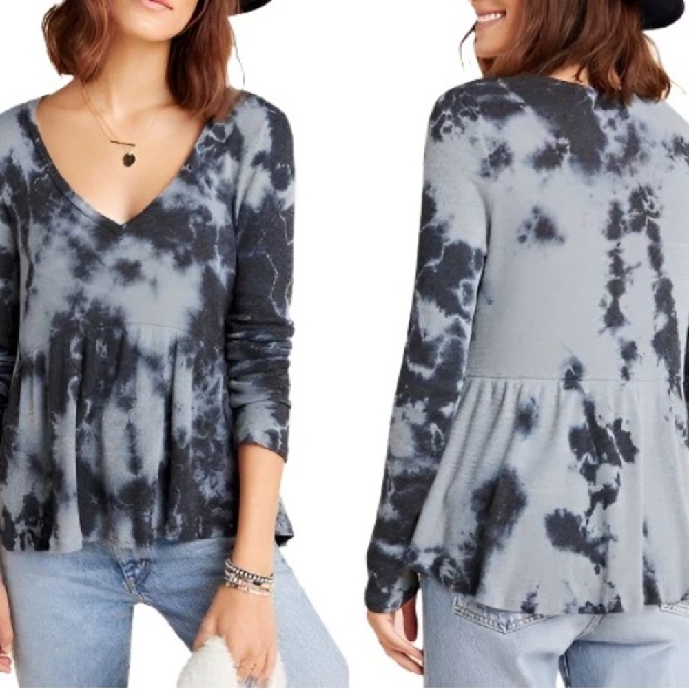 ANTHROPOLOGIE T.La Tie Dye Black Gray Peplum Thermal V-Neck Long Sleeve Top S